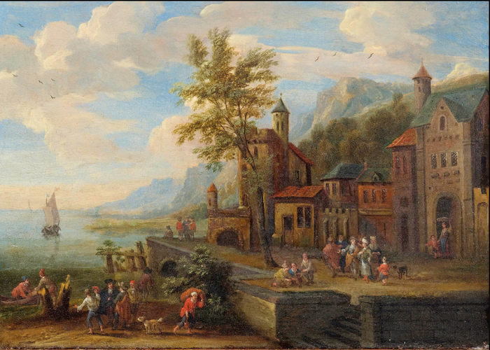 Matthijs Schoevaerdts - A harbour view with figural scenes